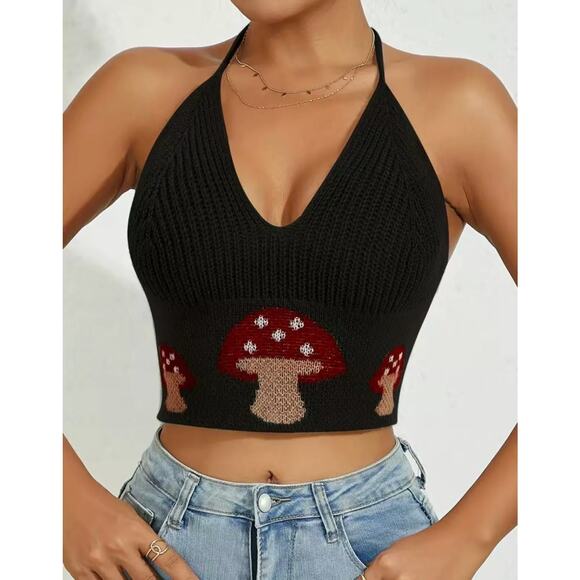 ROMWE Tops - Romwe Black Mushroom Hippie Festival Intarsia Knit Cropped Halter Top SZ S